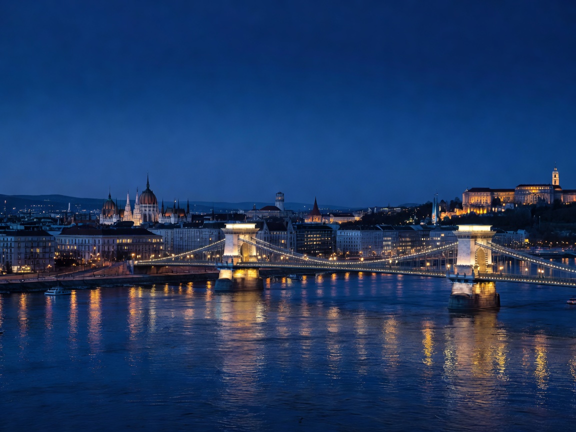 Budapest skyline photography at blue hour with glowing Danube river bridge