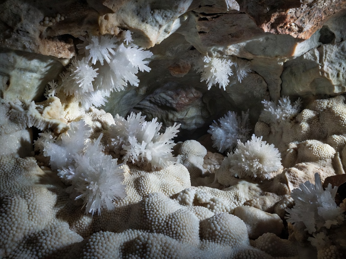 Intricate aragonite and pea-stone formations inside Szemlo-hegyi cave system