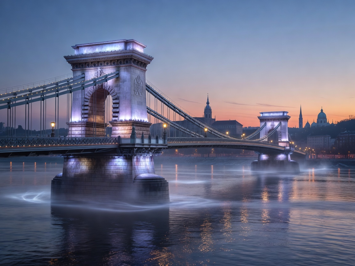 Mystical glowing evening view of Budapest historic bridge and hidden architectural details