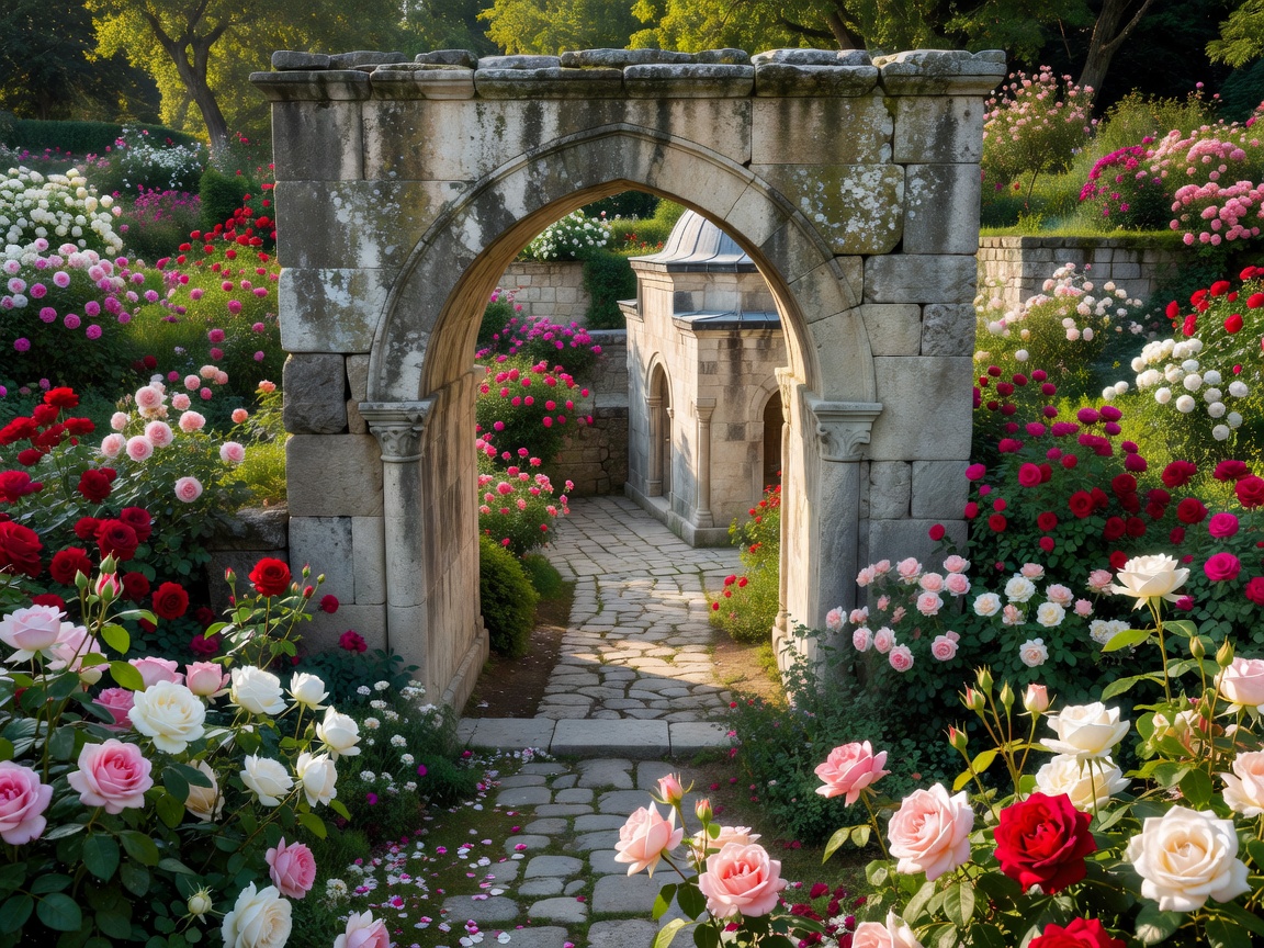 Stone archway and courtyard of the Ottoman Tomb of Gul Baba surrounded by rose gardens